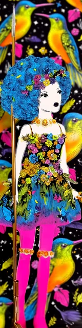 Free colorful bookmark showing a lady standing with birds around her